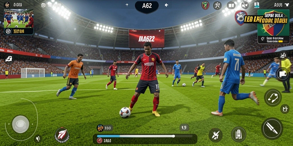 Screenshot gameplay AA62 yang penuh aksi sepak bola.