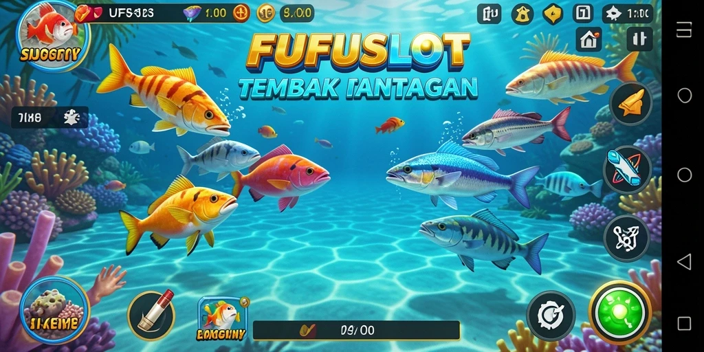 Tampilan seru gameplay FUFUSLOT dengan aksi menembak ikan.