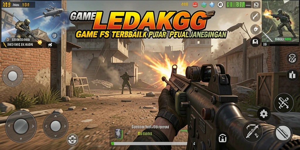 Tangkapan layar LEDAKGG menampilkan aksi seru dalam pertempuran FPS.