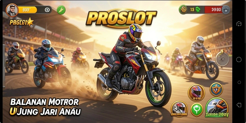 Screenshot dari gameplay seru PROSLOT yang menampilkan balapan motor.